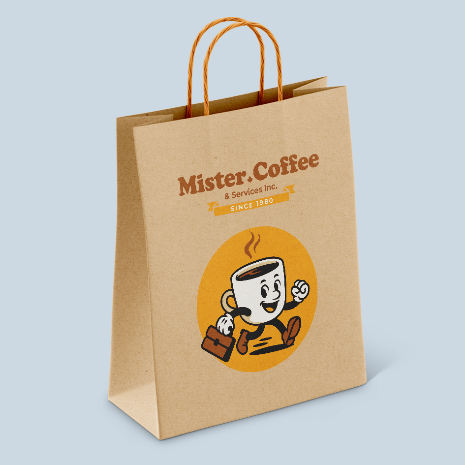 mockup of character-driven logo; retro mascot logo; coffee delivery logo; badge orientation; paper bag
