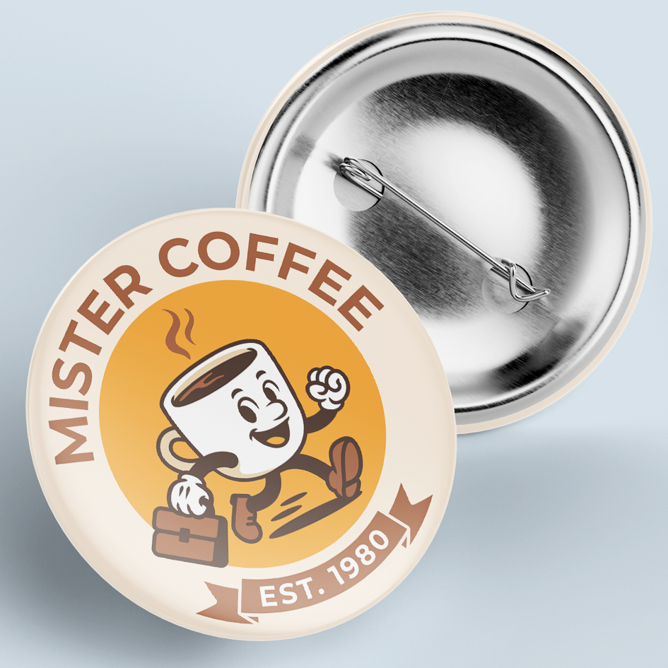 mockup of character-driven logo; retro mascot logo; coffee delivery logo; badge orientation; buttons