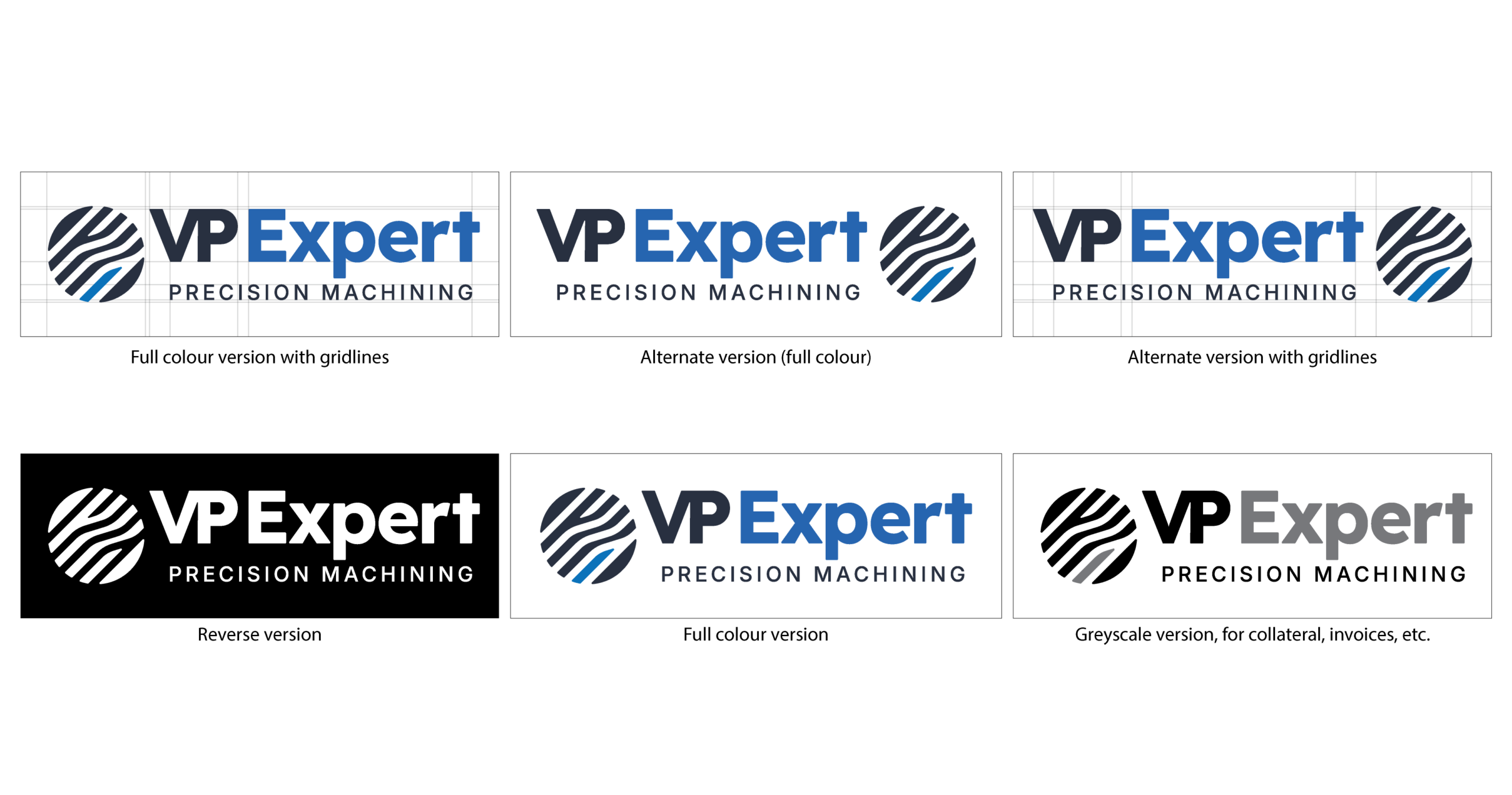 VP Expert precision machining logo design with industrial brand identity system