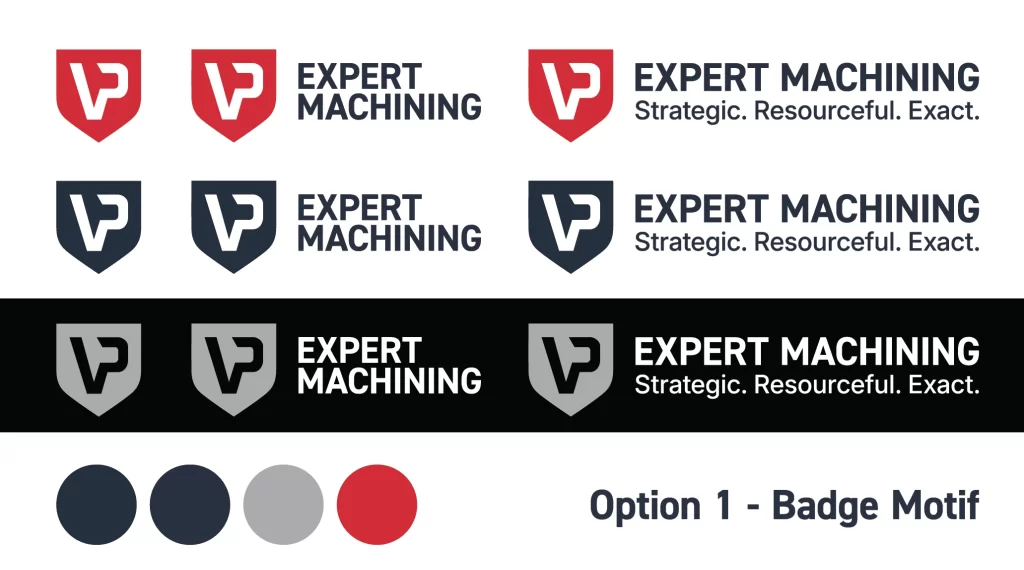 VP Expert machining company branding badge logo concept with shield monogram