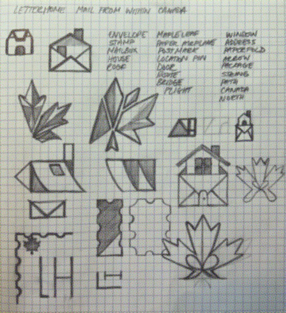 Early thumbnail sketches exploring concepts for the Letterhome logo showing a broad range of single word prompts for thumbnail sketches.